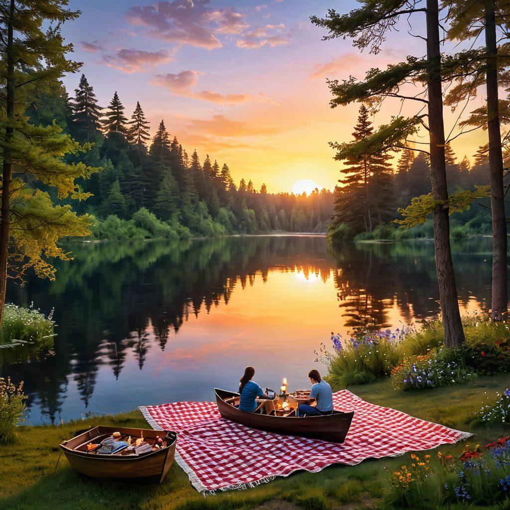 A picturesque sunset over a serene lake, featuring a couple sharing a cozy picnic on a checkered blanket, surrounded by lush greenery and vibrant wildflowers. Incorporate a small boat gently floating nearby, adding a feeling of adventure and romance. Soft glowing lanterns hang from nearby trees, enhancing the magical atmosphere. super-realistic. vibrant colors. warm tones.
