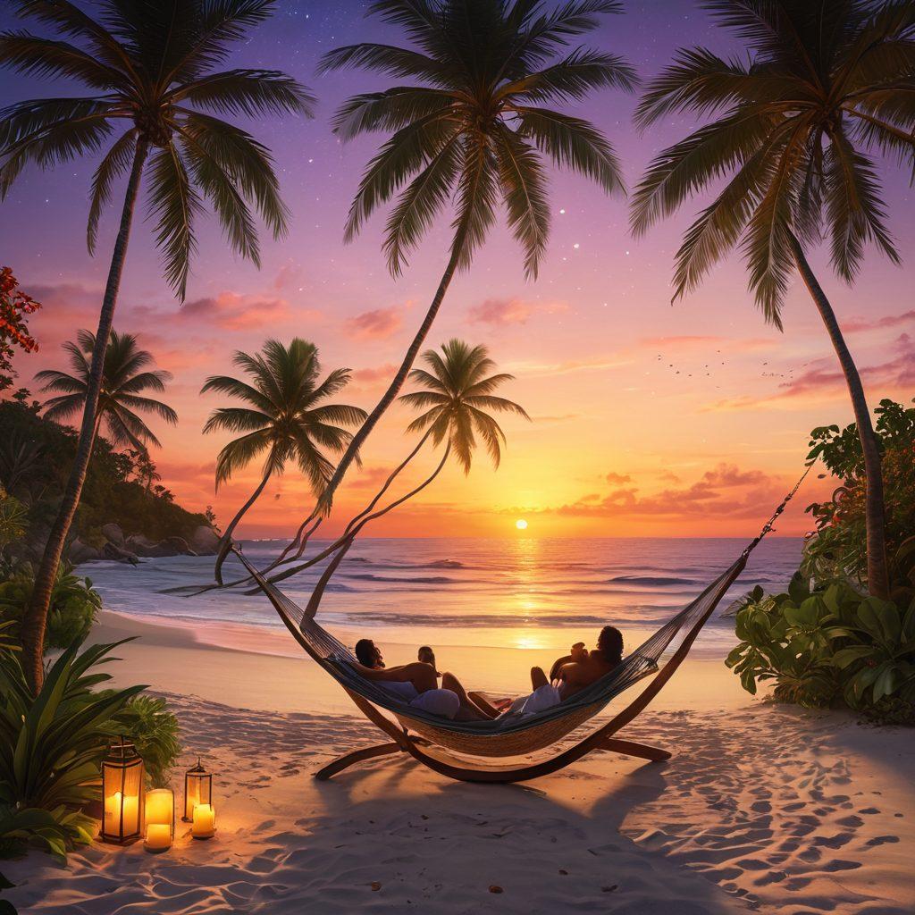 A stunning sunset view over a secluded beach with a couple enjoying a candlelit dinner on the sand, surrounded by tropical foliage and gentle waves lapping at the shore. Include twinkling stars above and a cozy hammock hanging between palm trees, creating an inviting atmosphere. Incorporate vibrant colors to capture the romance and serenity of a perfect getaway. super-realistic. vibrant colors. peaceful ambiance.